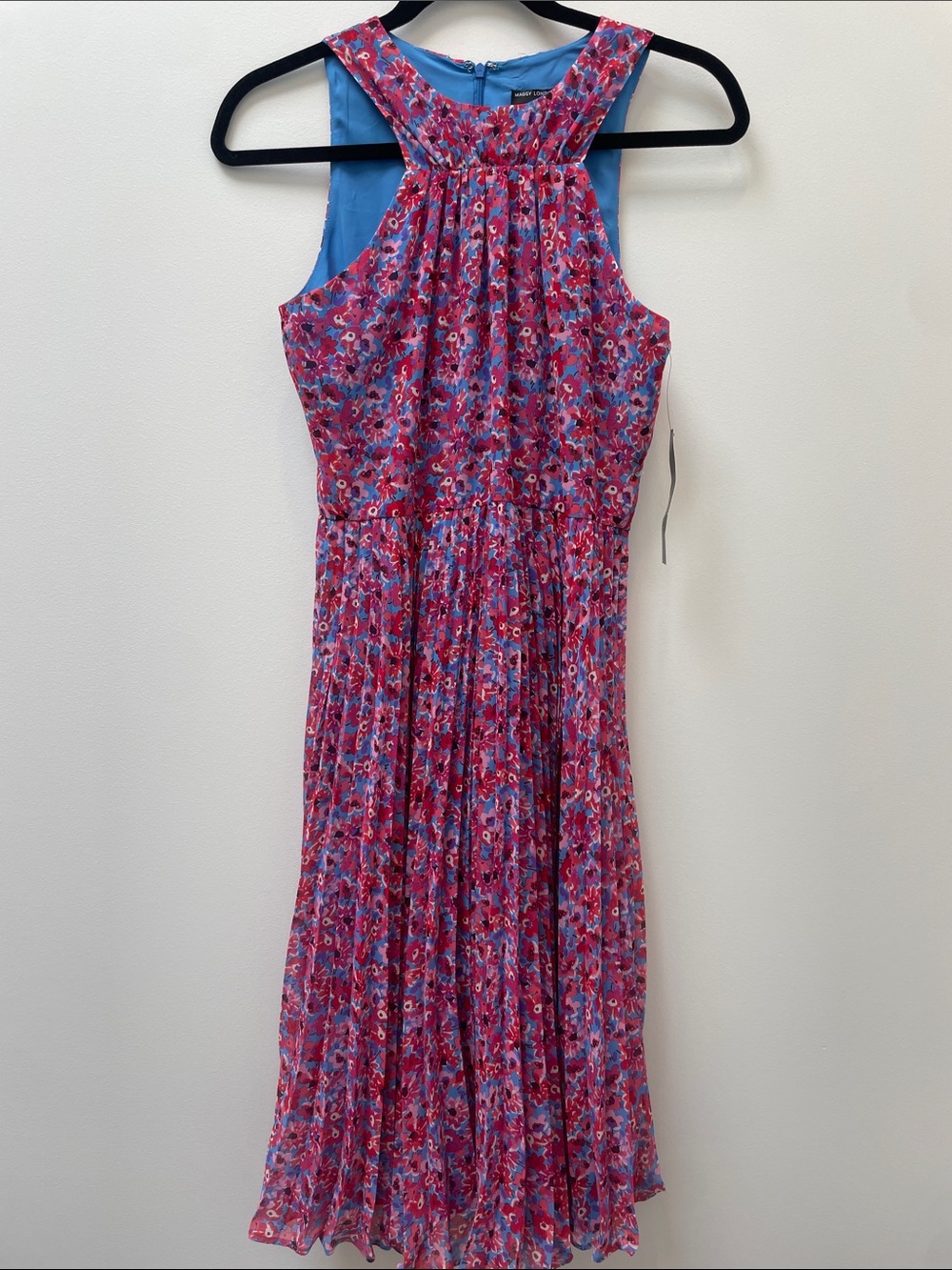 NWT Maggy London Pink and Blue Floral Halter Midi Dress Size 4